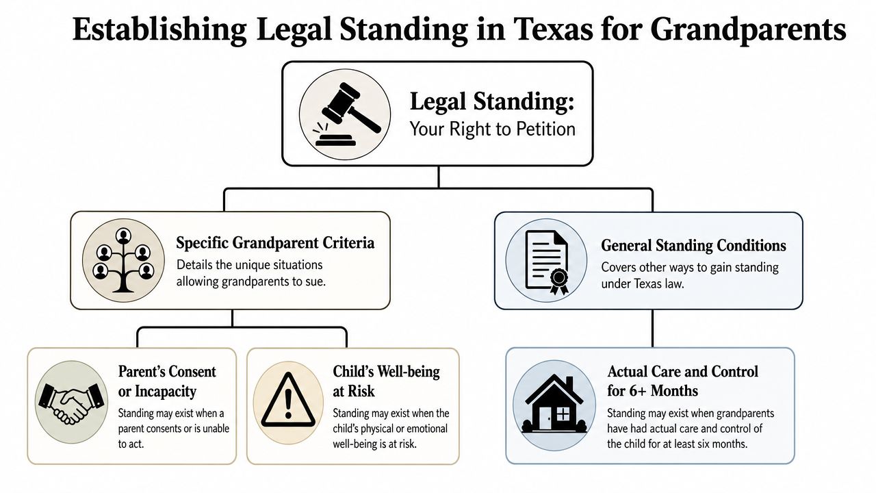 A flowchart explaining the legal requirements for grandparents to establish standing in Texas family courts.