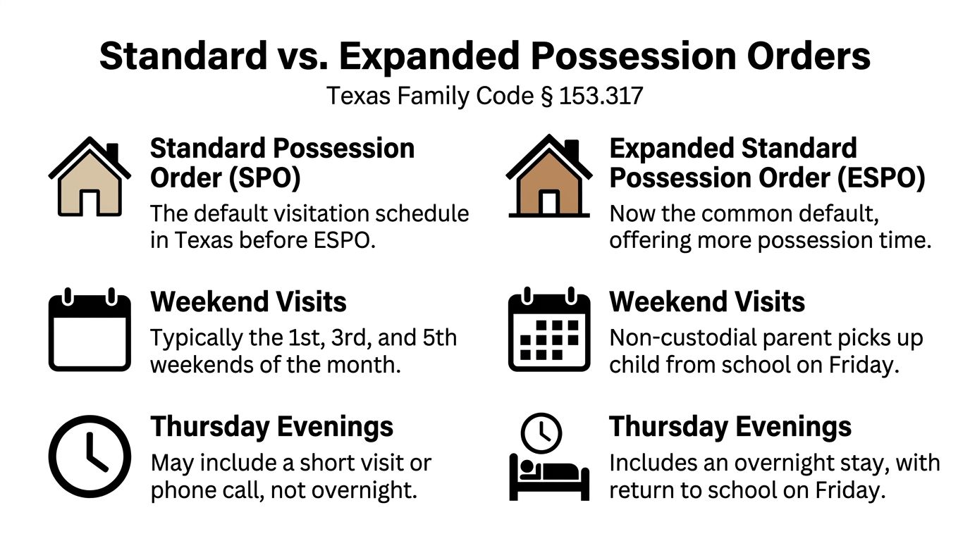 A comparison chart showing the differences between Standard Possession Order and Expanded Standard Possession Order in Texas.