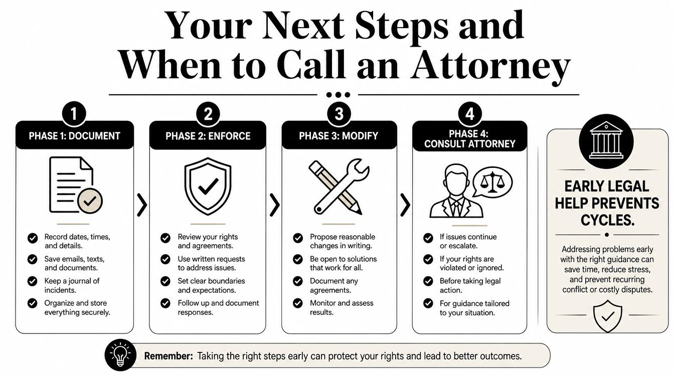 A four-phase infographic outlining legal steps to resolve disputes, including documentation, enforcement, modification, and consulting an attorney.