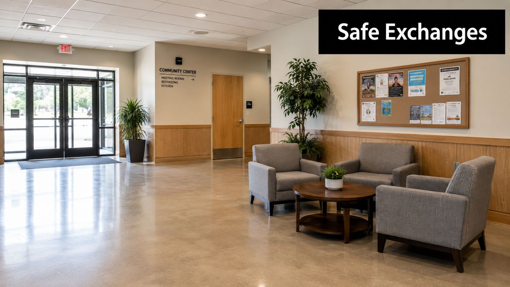A brightly lit waiting area in a community center with grey armchairs, a coffee table, and plants.