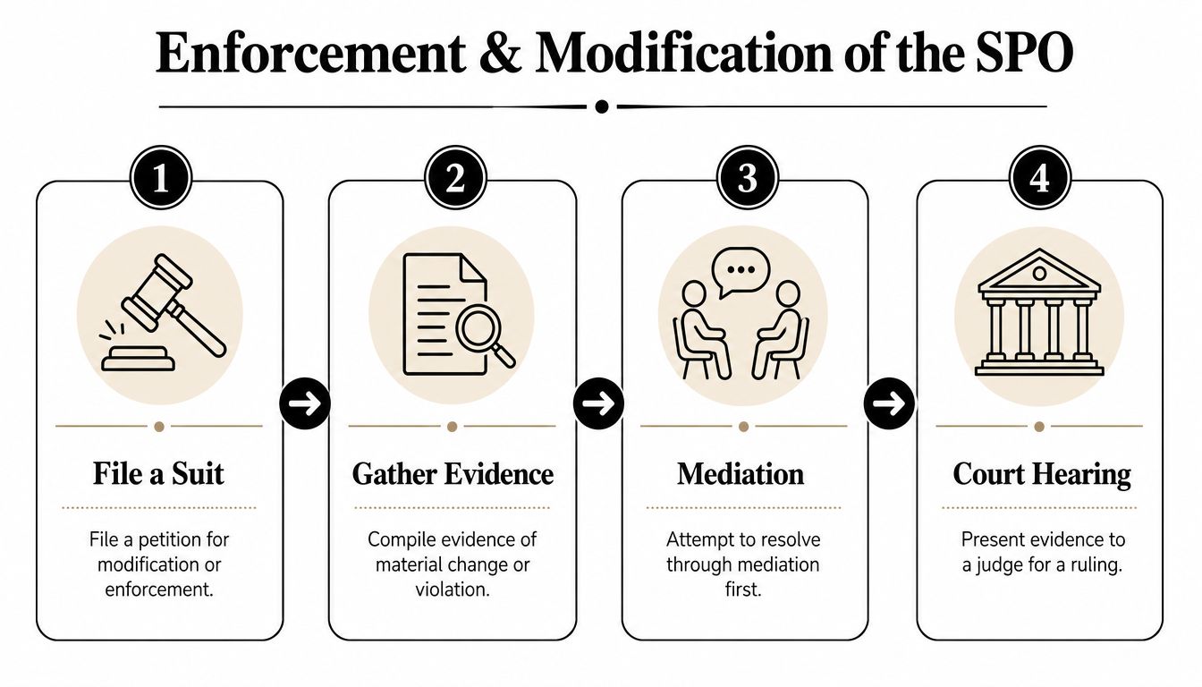 A four-step infographic showing the legal process for the enforcement and modification of a Standard Possession Order.