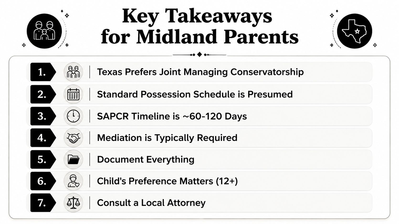 A list of seven key takeaways for parents in Midland, Texas regarding child custody and legal proceedings.