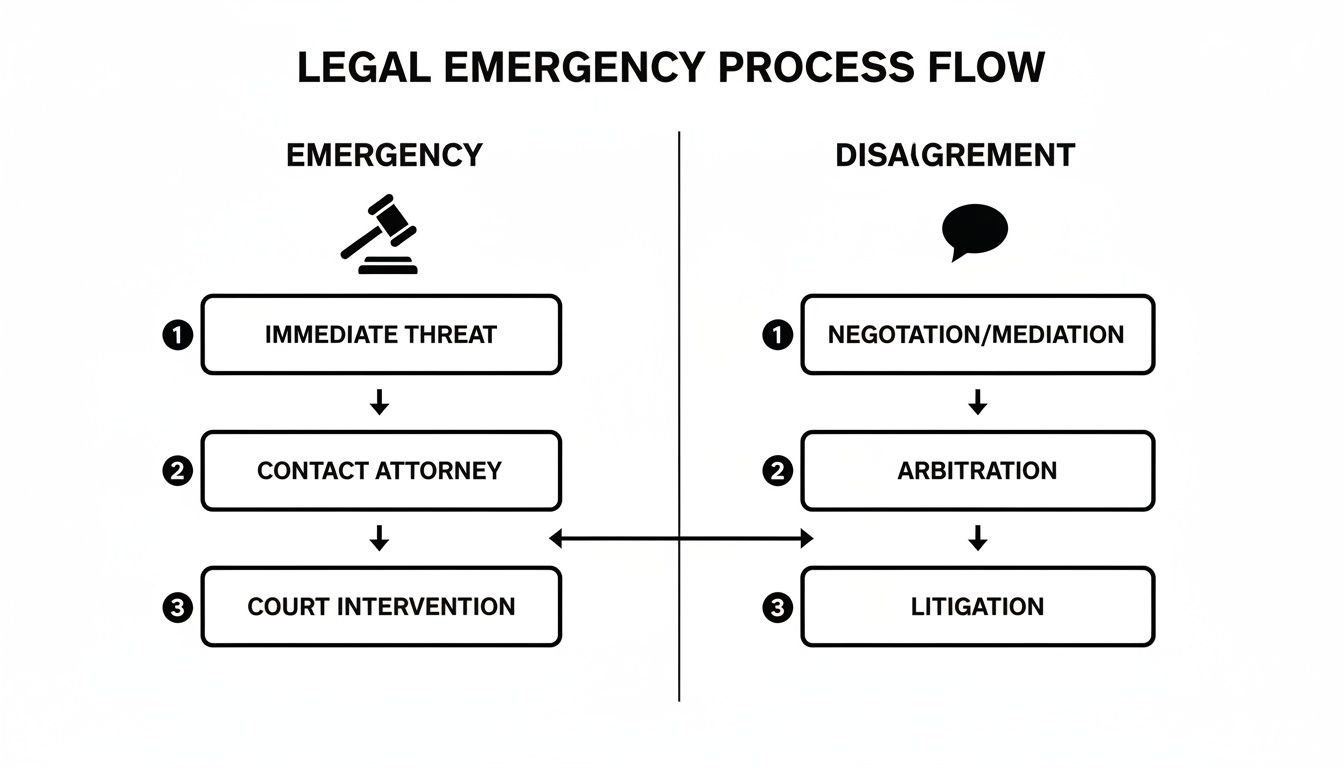 Flowchart illustrating legal emergency and disagreement resolution processes, from immediate threat to court or negotiation to litigation.