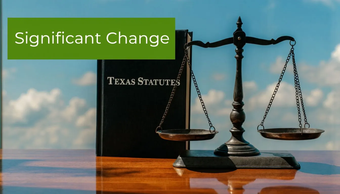 A law book titled Texas Statutes and a vintage brass scale on a wooden table.