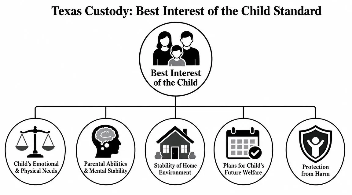 A diagram outlining the five key factors Texas judges use to determine the best interest of a child.