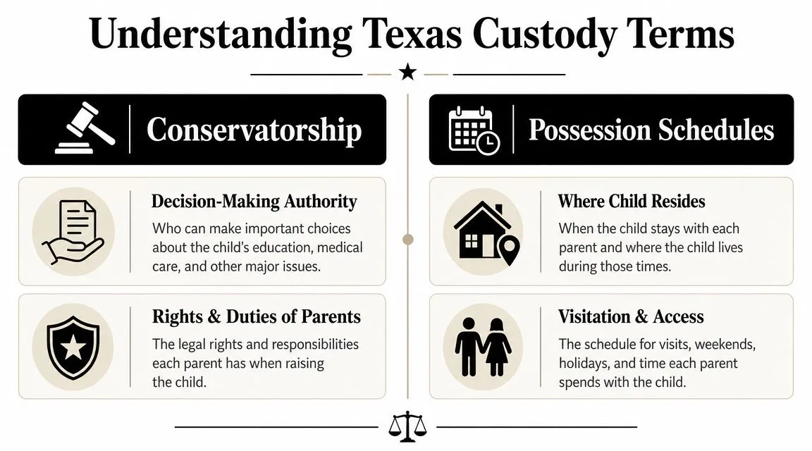 An infographic explaining Texas custody terms including conservatorship, decision-making authority, possession schedules, and visitation access rights.