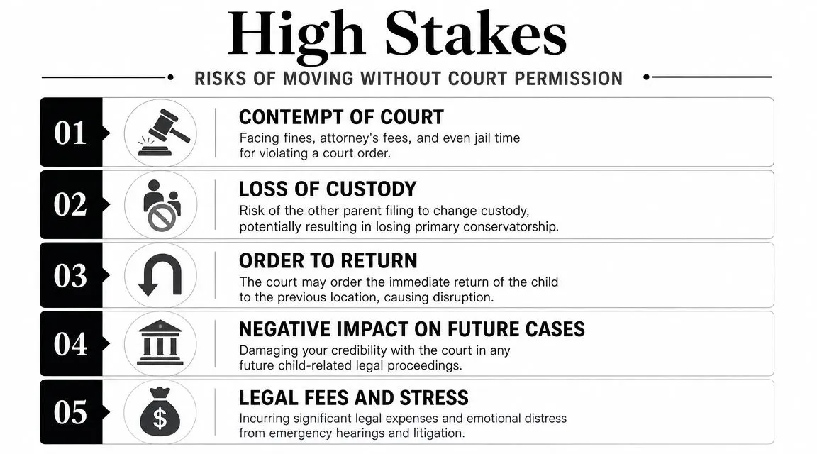 An infographic listing five high-stakes risks of moving with a child without obtaining court permission.