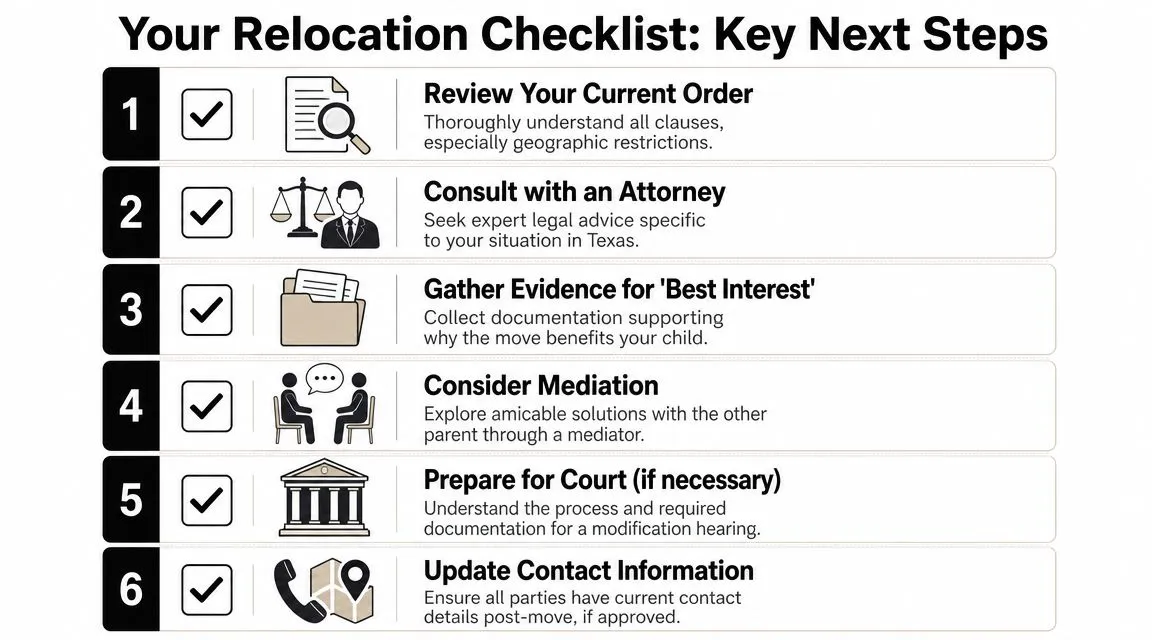 A six-step checklist for child custody relocation in Texas, outlining key legal and planning considerations.