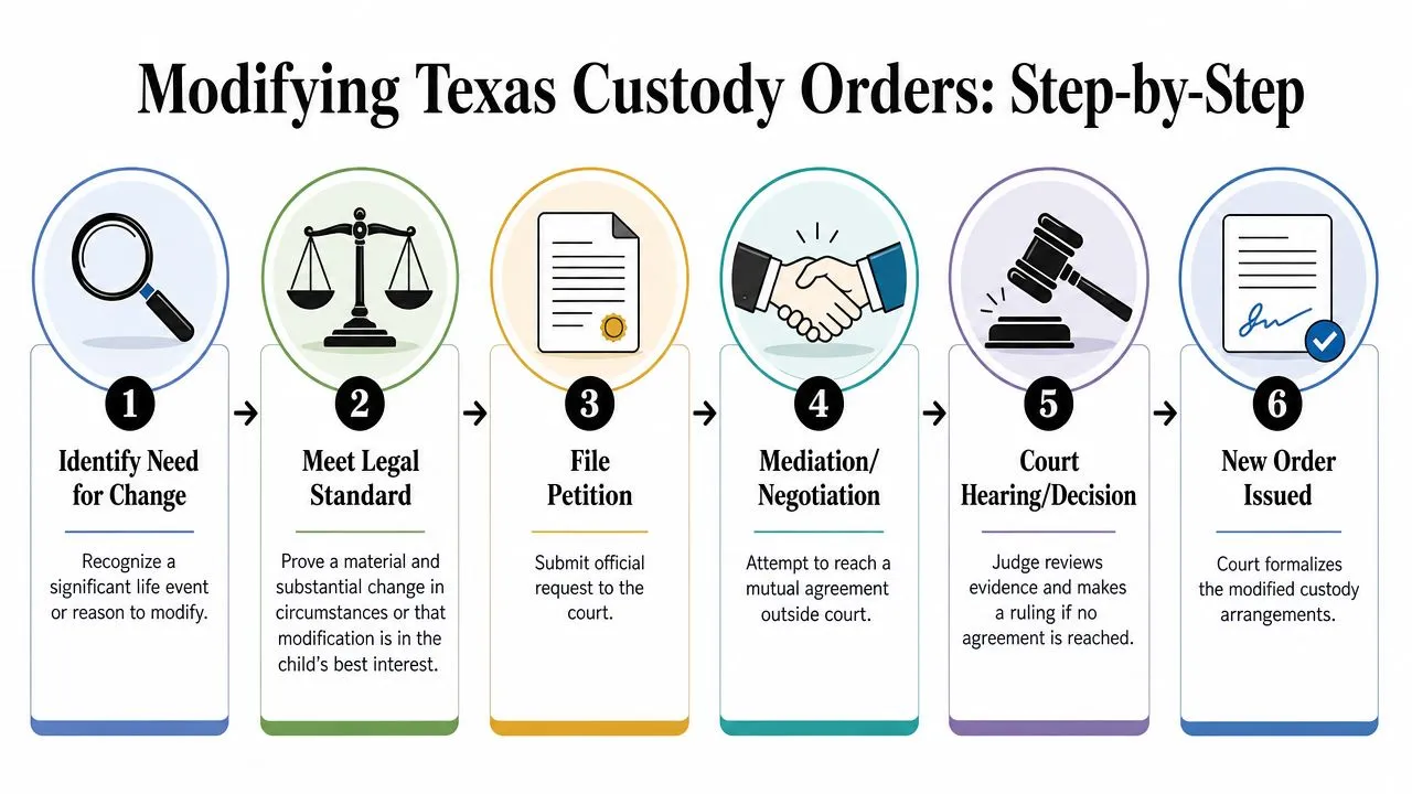 A six-step infographic detailing the legal process for modifying child custody orders in Texas.