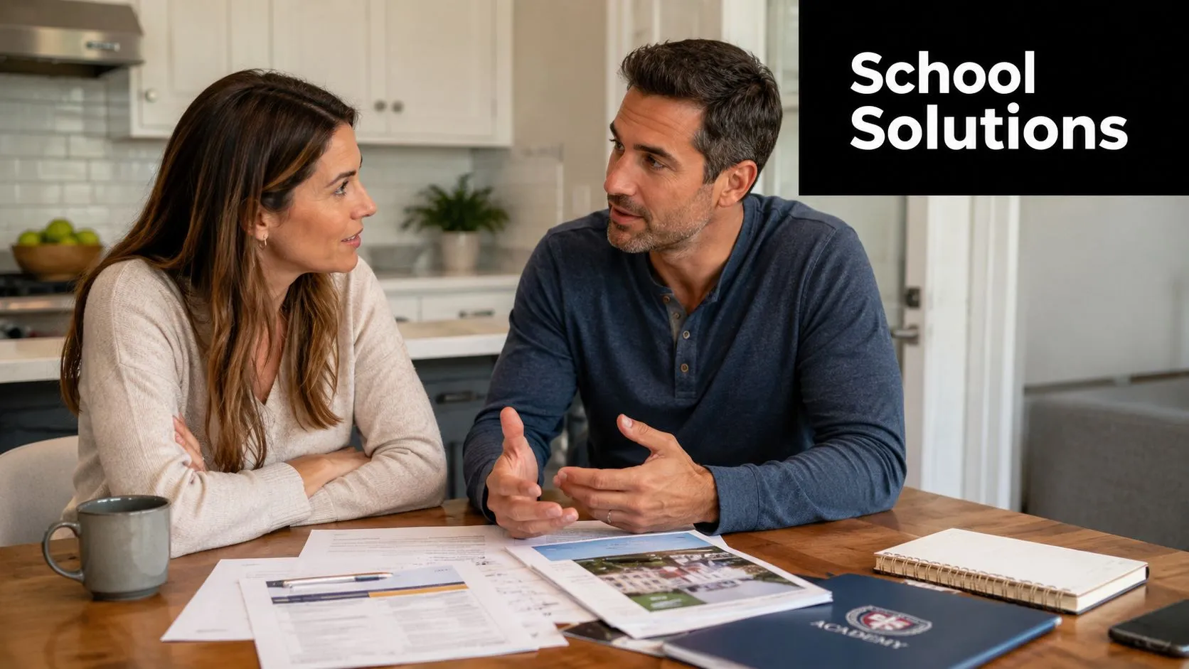 A concerned couple sitting at a kitchen table discussing school enrollment documents for their child together.