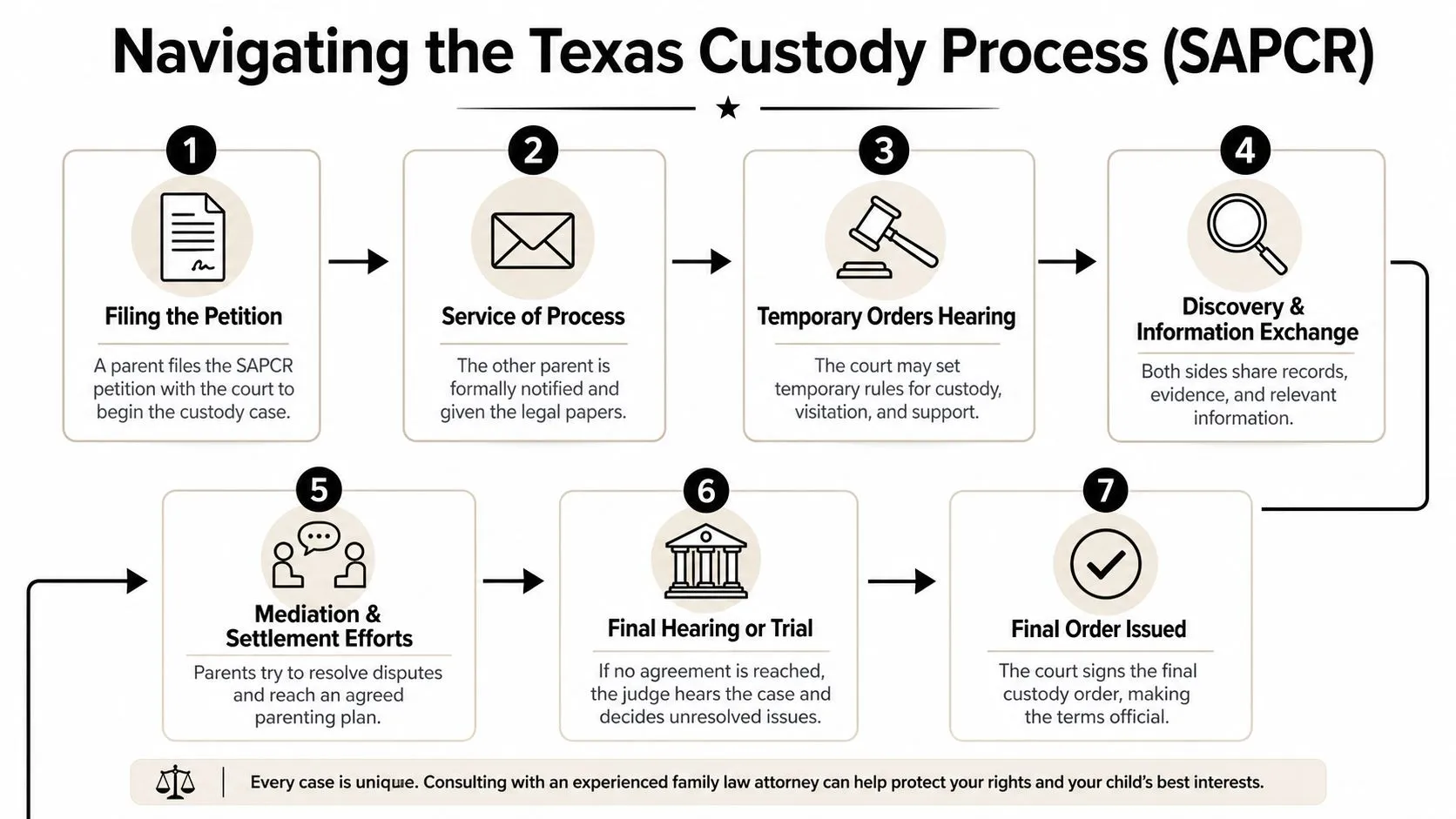 An infographic showing the seven steps in the Texas custody legal process for parents and families.
