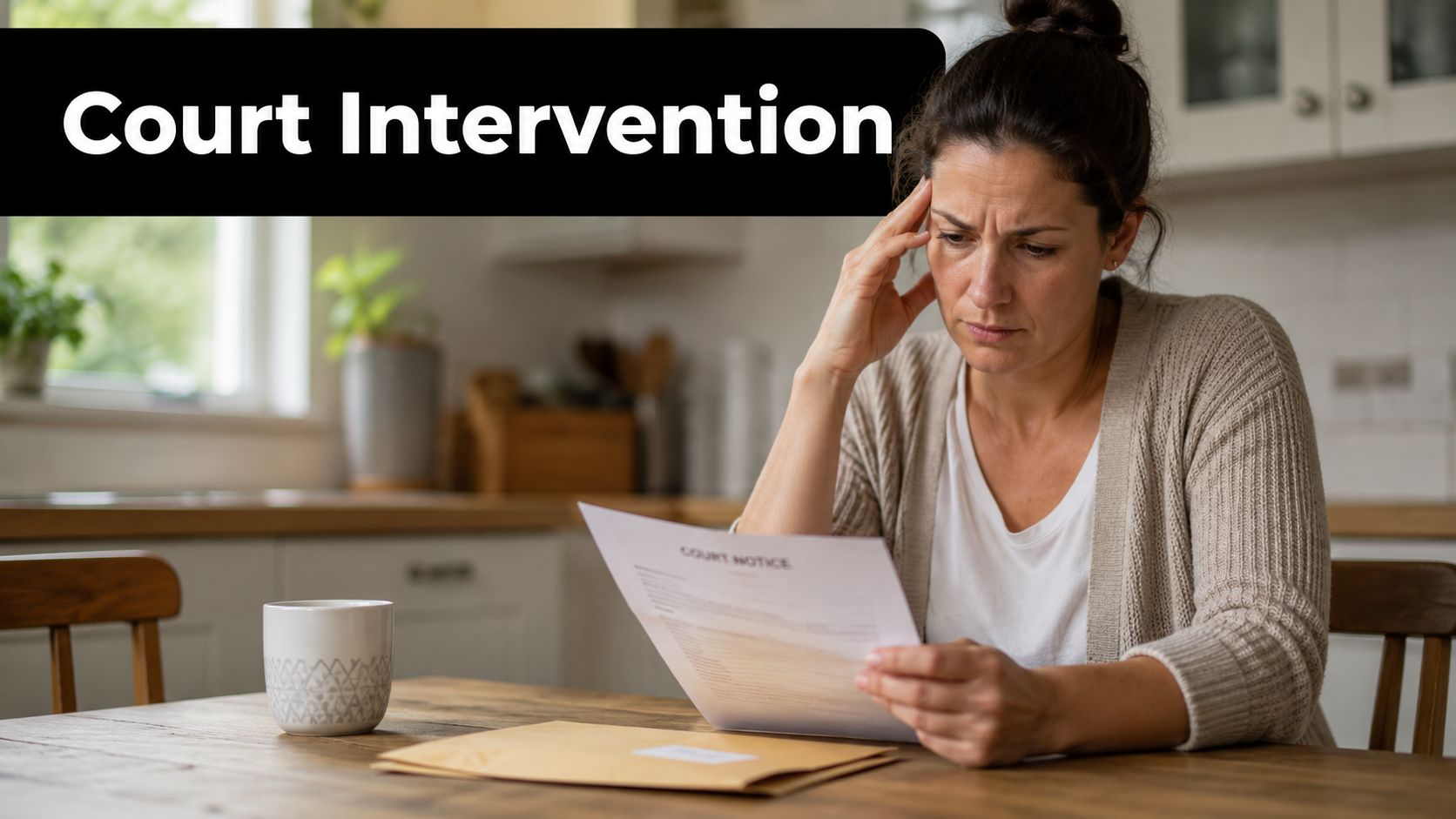 A distressed woman sits at a wooden table reading a court notice in her kitchen.