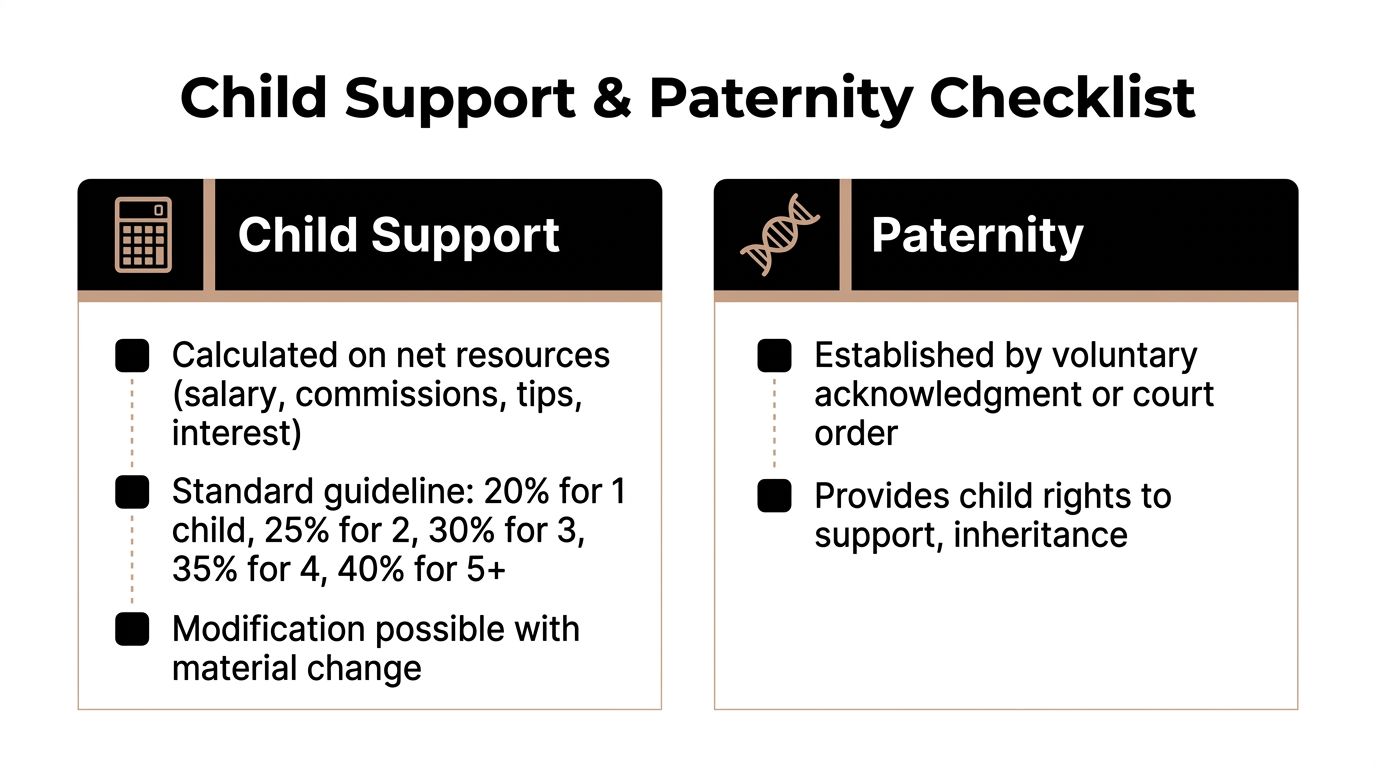A checklist infographic explaining the legal guidelines for child support calculations and establishing legal paternity.