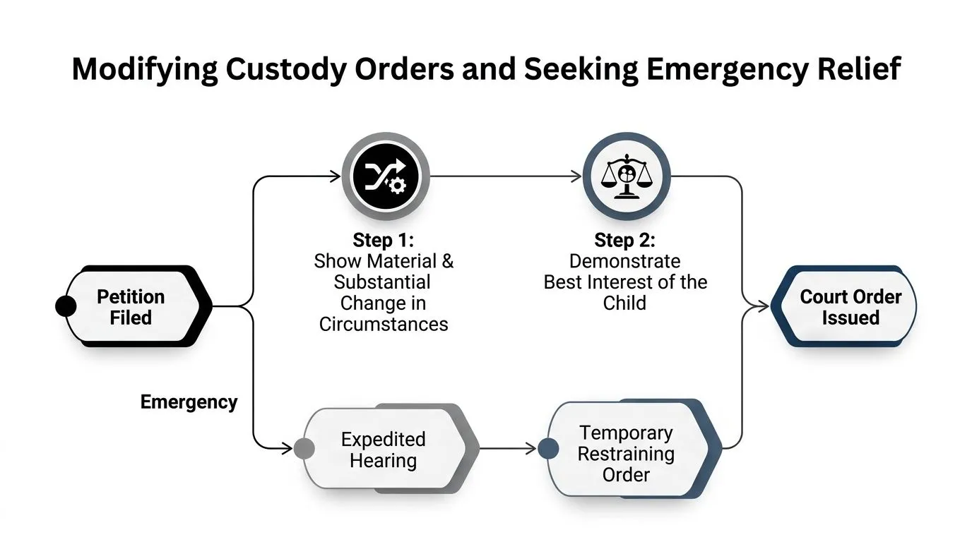 A flow chart illustrating the two legal paths for modifying child custody orders and requesting emergency relief.