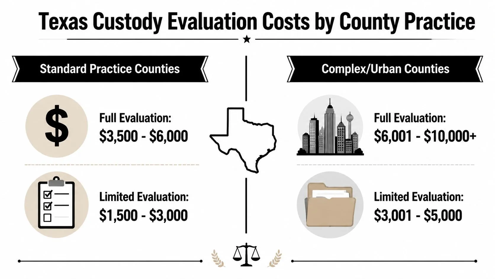 A comparison chart showing the estimated costs for full and limited custody evaluations in Texas counties.