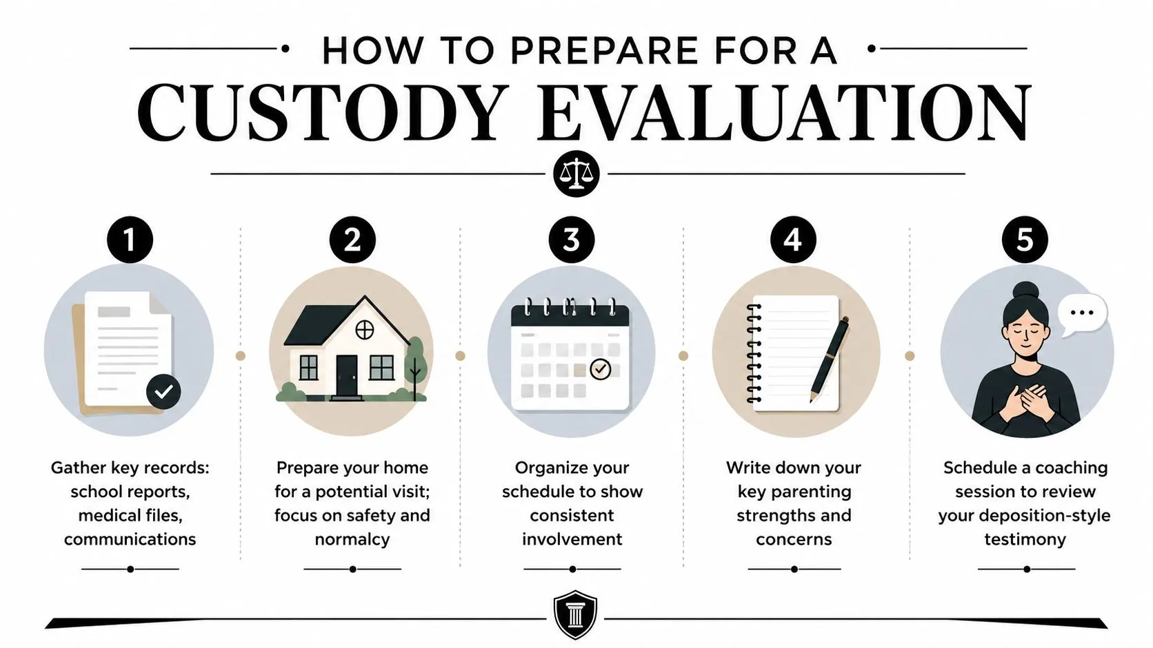 A five-step instructional guide on how to prepare for a child custody evaluation in legal proceedings.