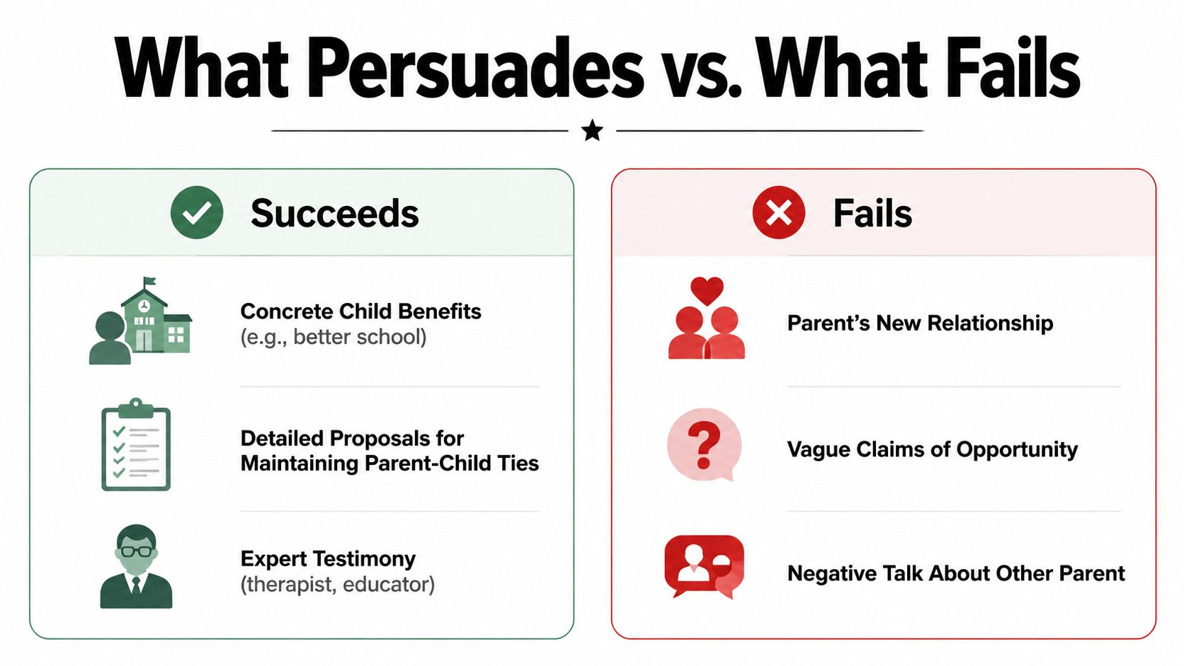A comparison chart showing successful versus unsuccessful persuasive tactics in legal child relocation and custody disputes.