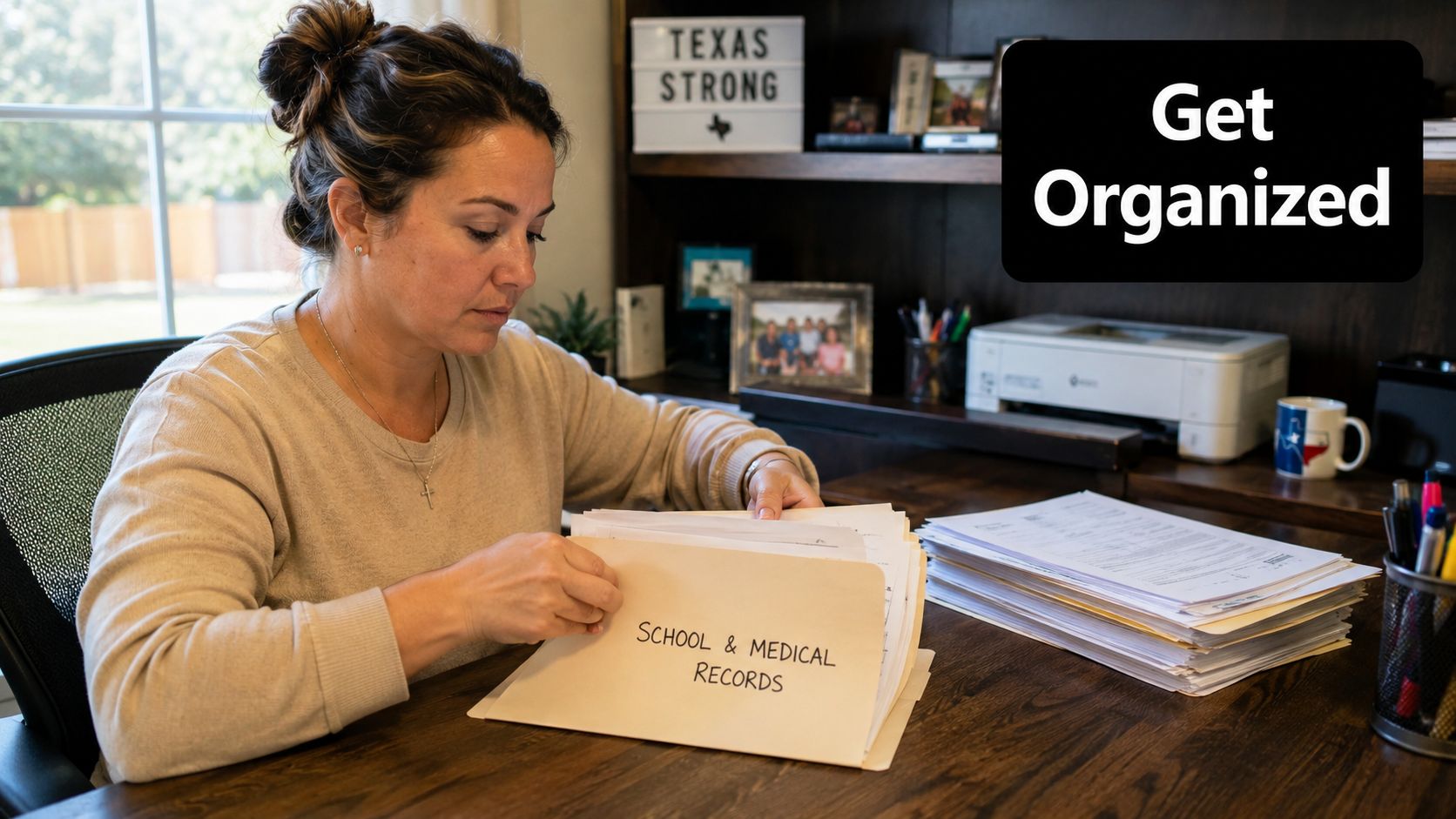 A woman organizing important school and medical records at a desk for a custody evaluation case.