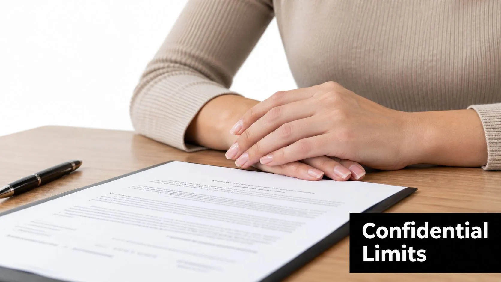 A person sitting at a desk with their hands resting on a legal document and pen.