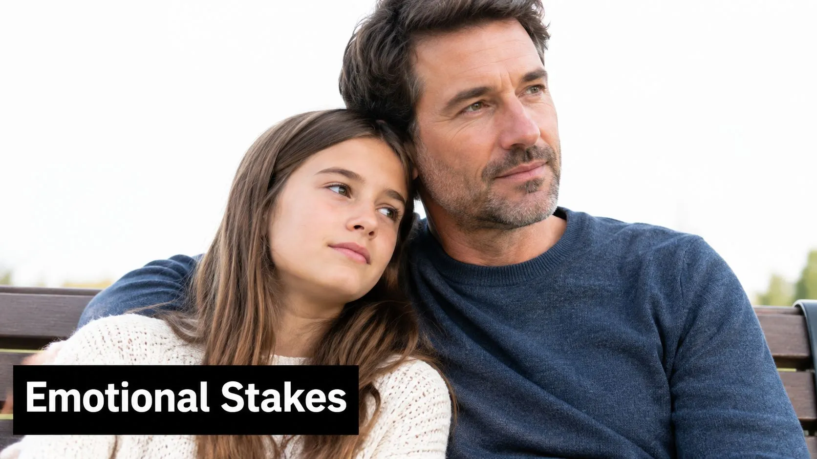 A caring father sitting on a park bench comforting his young daughter with emotional support.