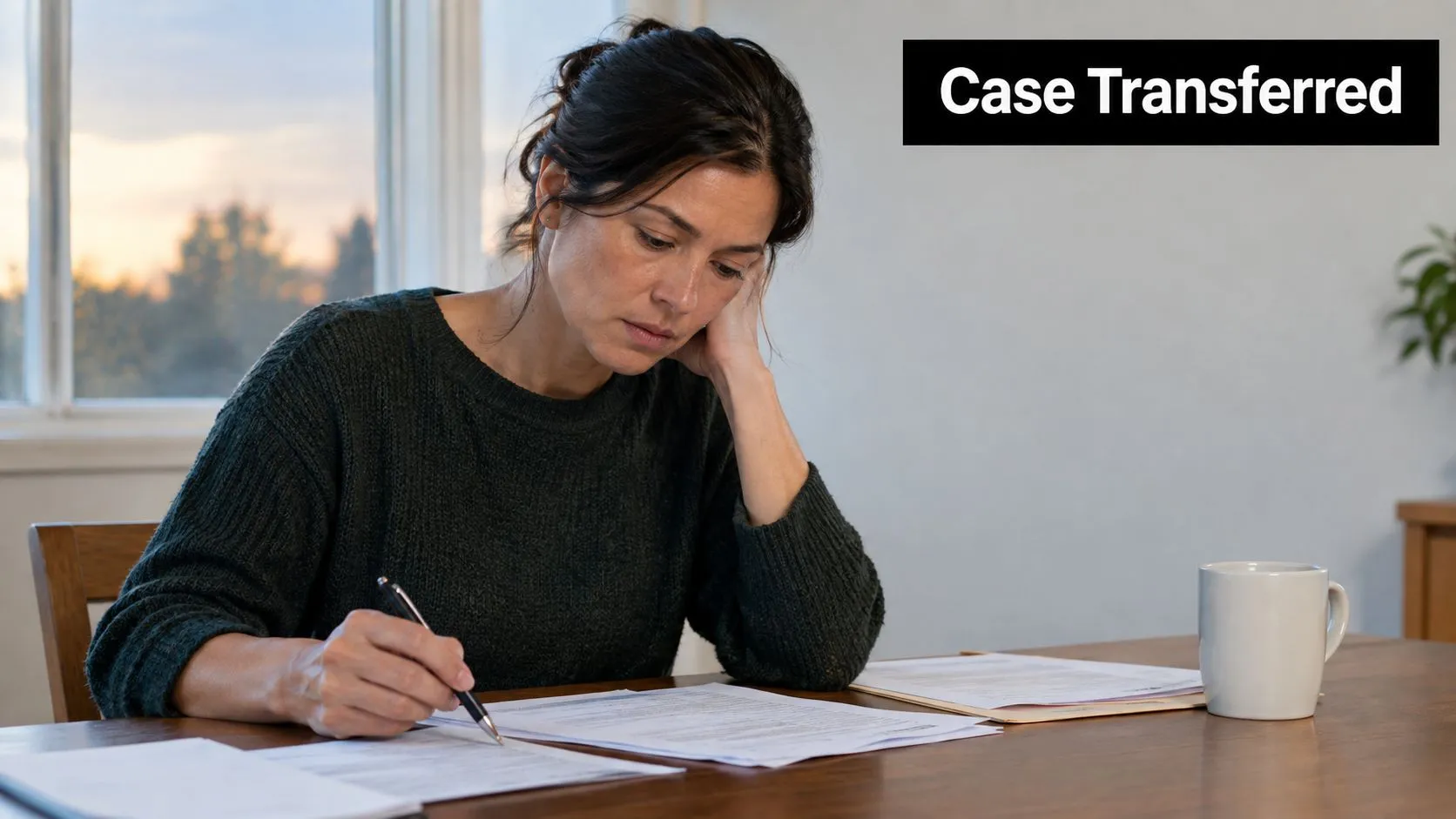 A concerned woman sitting at a table filling out legal custody documents with a pensive expression.