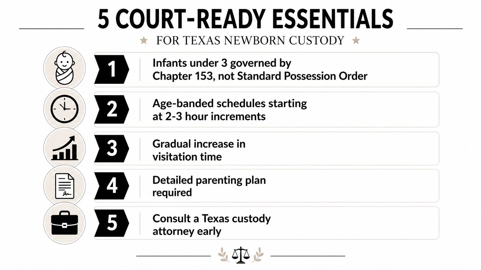 A list of five essential points for managing Texas newborn custody cases, displayed in a simple infographic.