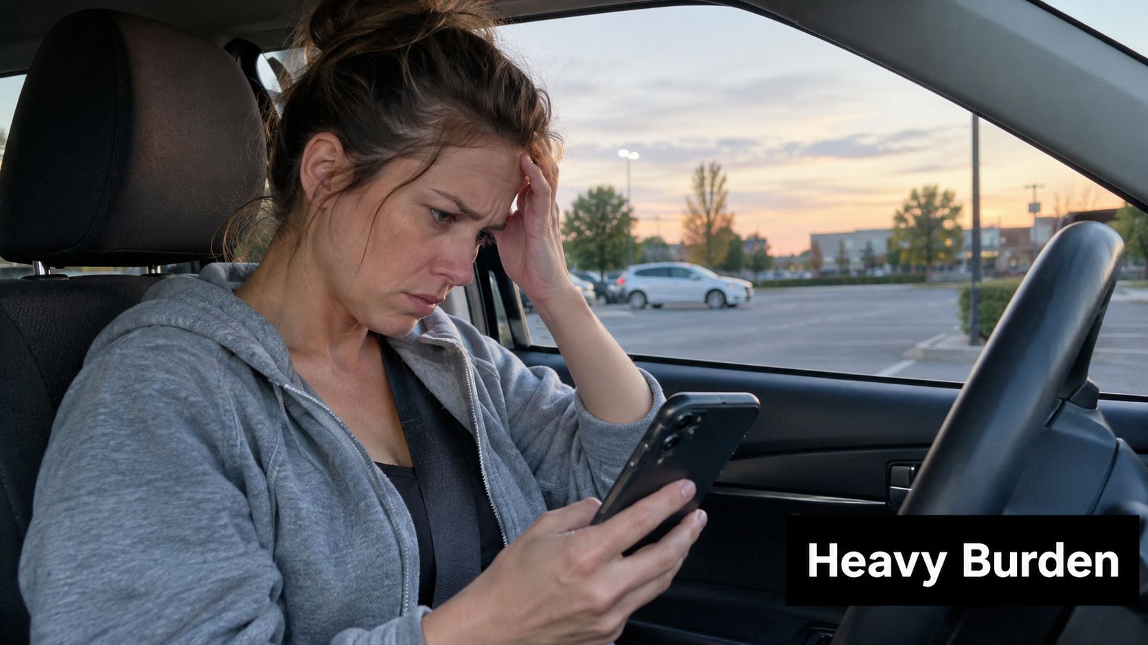 A stressed woman sitting in a car holding her head while looking at her smartphone screen