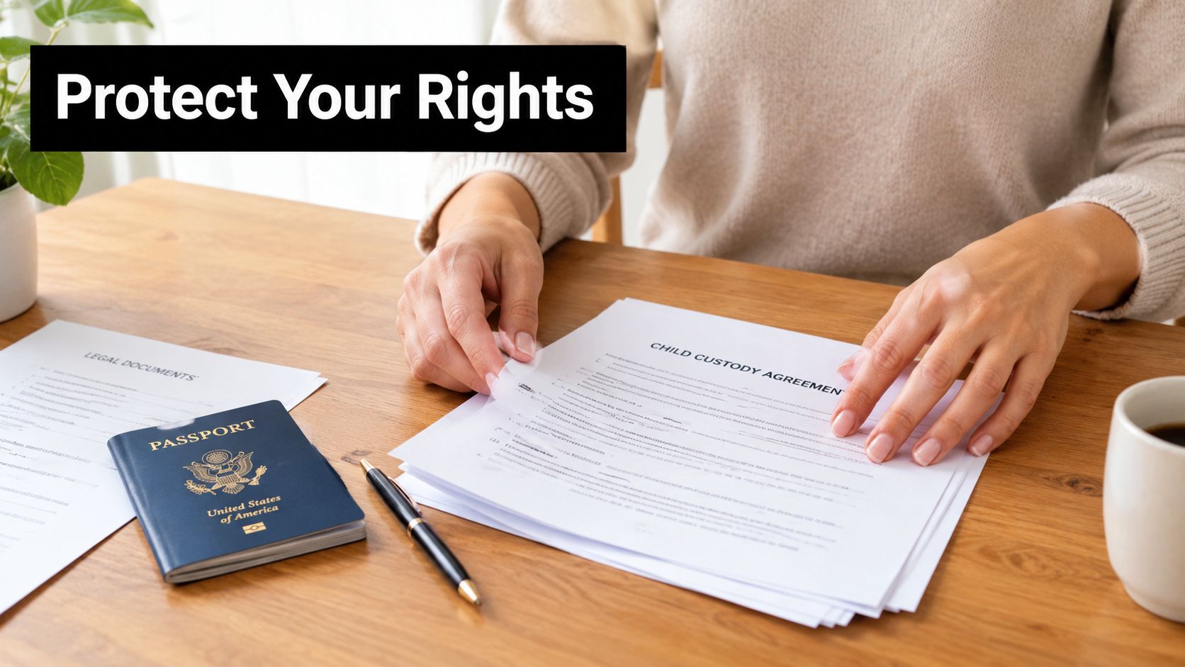 A person reviewing a child custody agreement document next to a United States passport on a desk.